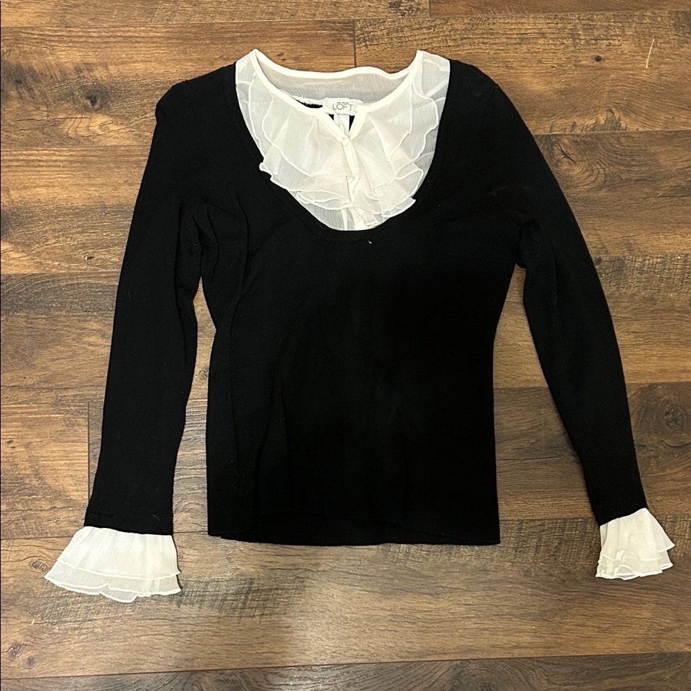 LOFT Black Blouse with White Ruffle Details